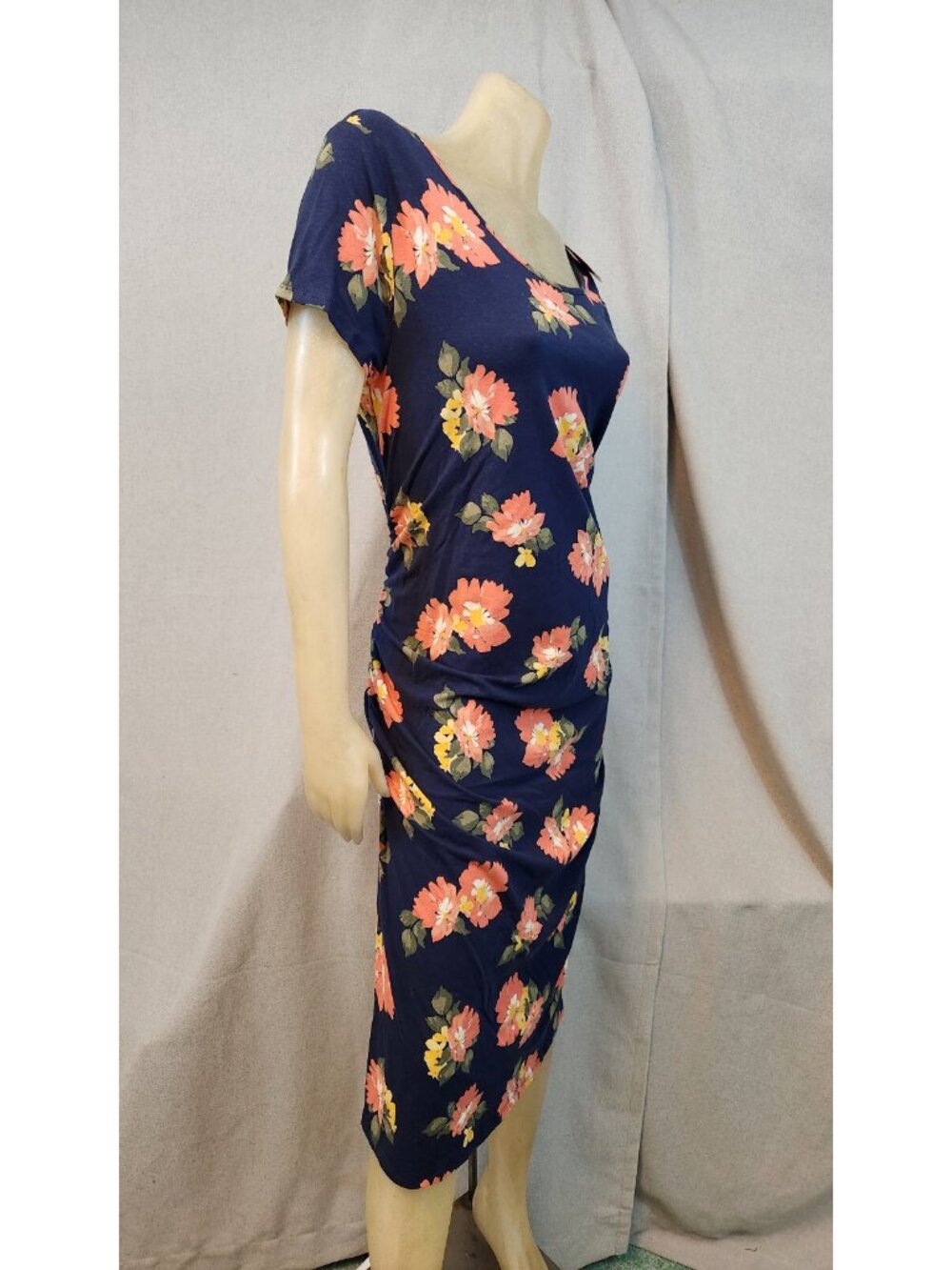 Isabel Maternity Blue Pink Floral Cap Slv Scop Neck Shift Dress Womens SMALL NEW - Picture 2 of 5